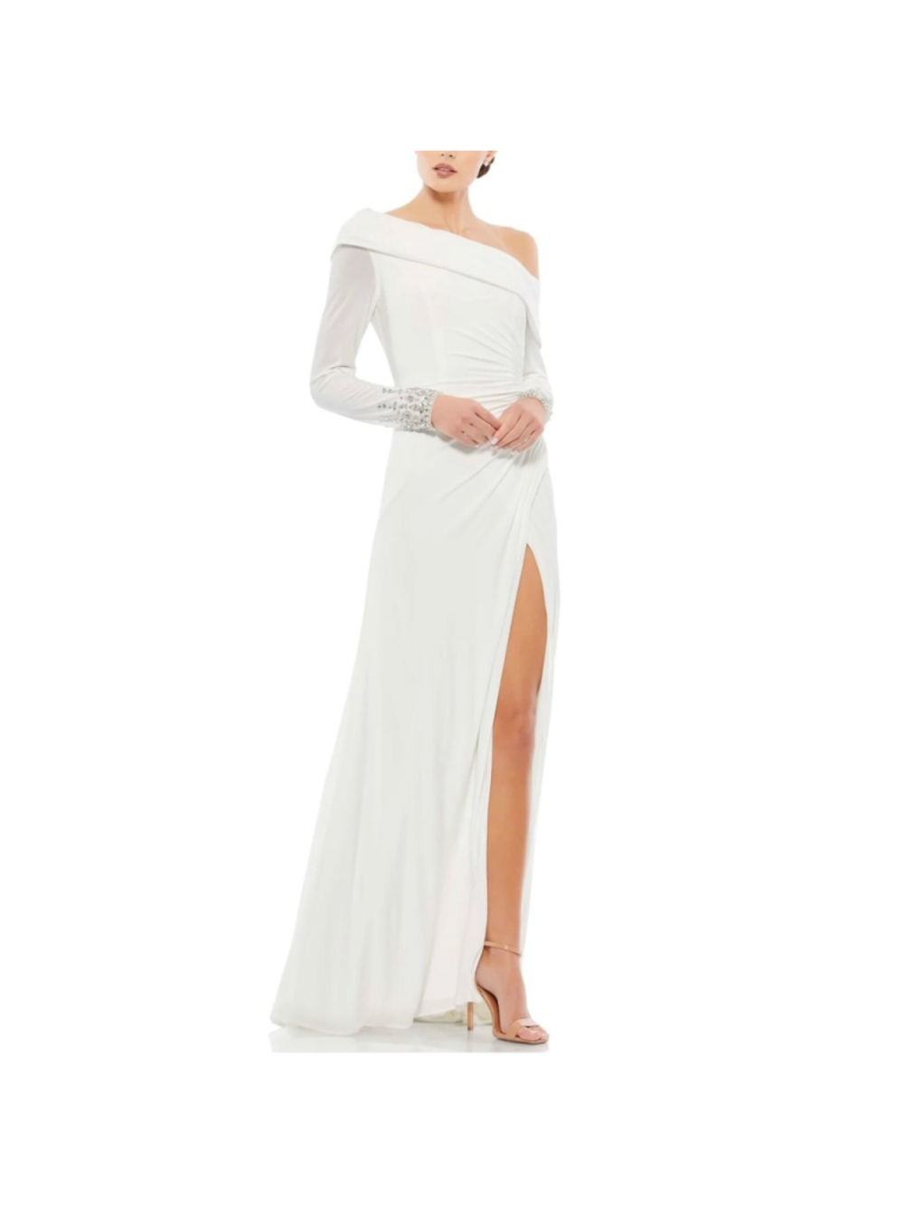 Women's Mac Duggal One-Shoulder Embellished Cuff White Gown White Size 0
